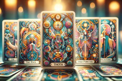 Significados de las Cartas Thoth: Guía Completa en Español 36 Un grupo de cartas del tarot sobre un fondo oscuro, revelando sus significados cartas.