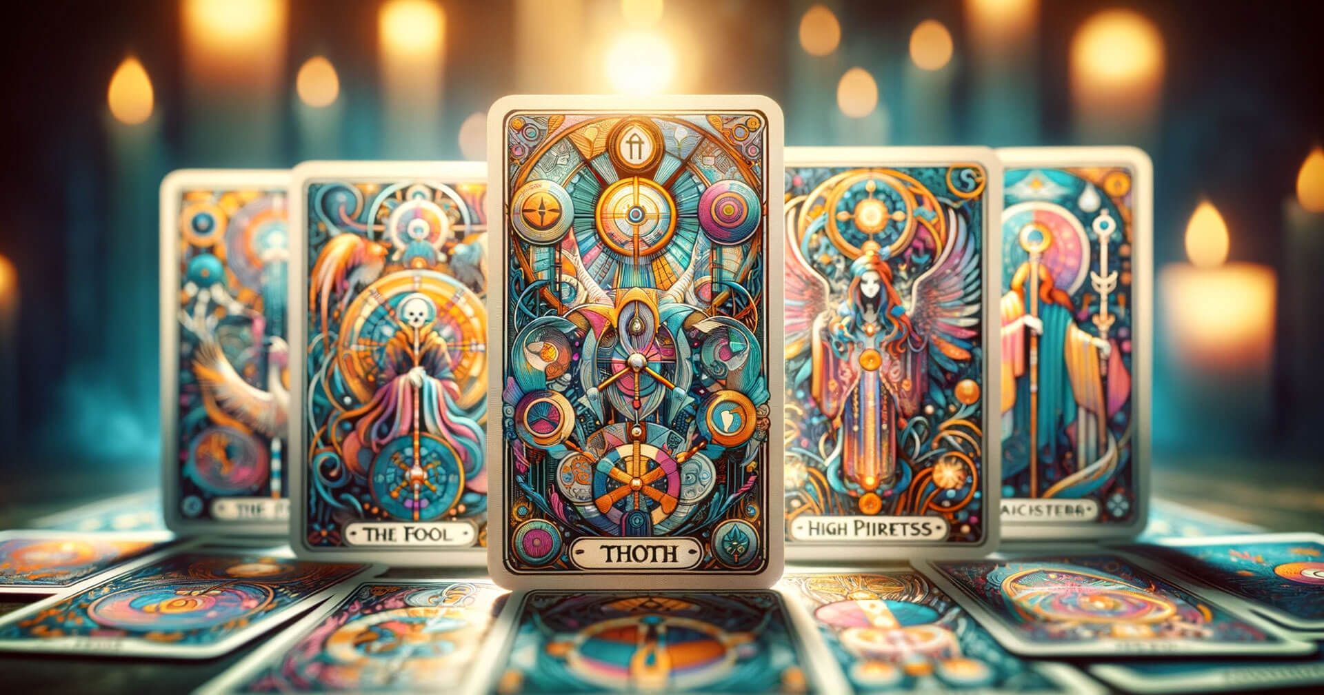 Significados de las Cartas Thoth: Guía Completa en Español 1 Un grupo de cartas del tarot sobre un fondo oscuro, revelando sus significados cartas.