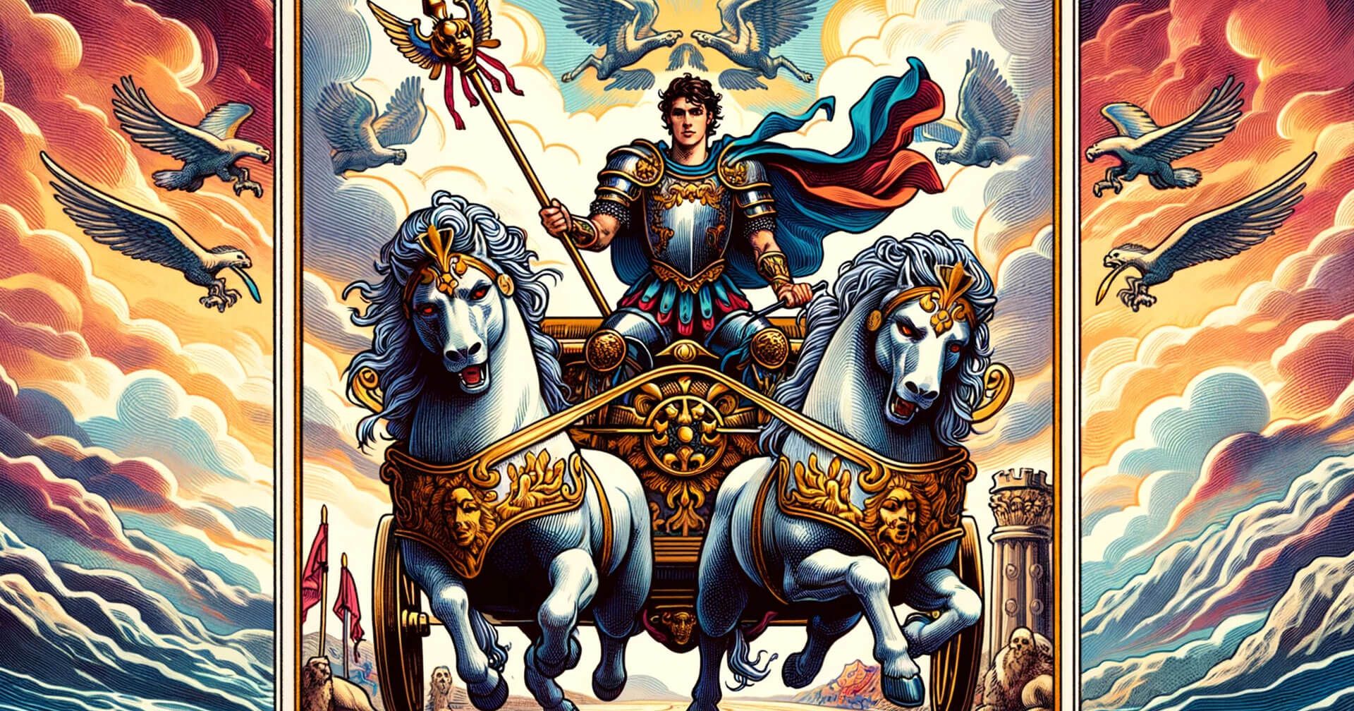 Dominando el Simbolismo de El Carro en el Tarot: Significados y Guías 2 Una pintura que representa la carta El Carro, con un hombre a caballo en carro.