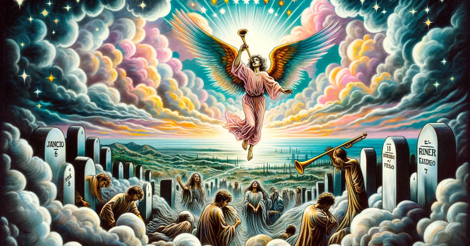 Revelaciones y Transformación: El Juicio en el Tarot y su Profundo Significado 2 Carta El Juicio - Una pintura de un ángel volando sobre un cementerio.
