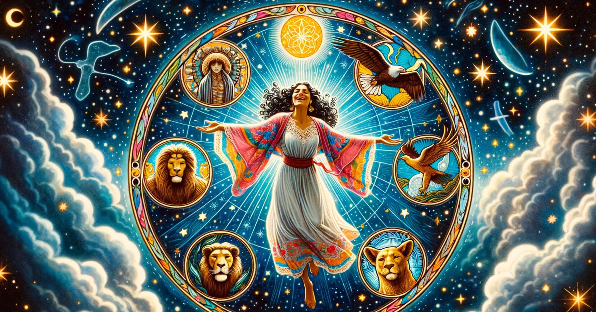 El Ciclo Completo: Descifrando El Mundo en el Tarot y su Significado 2 Un cuadro de una mujer rodeada de astros en la carta de El Mundo.