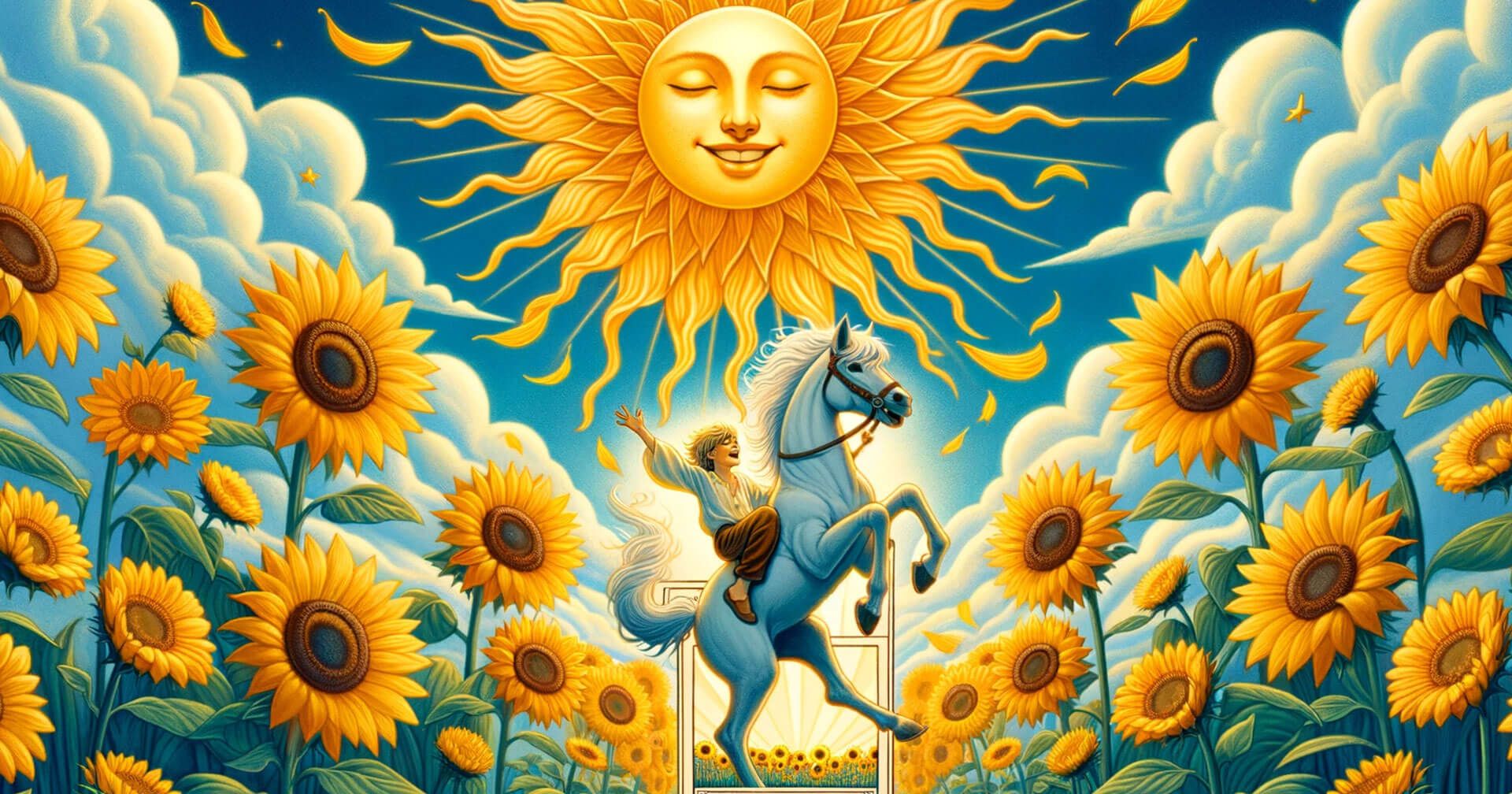 La Brillantez y Energía de El Sol en el Tarot: Interpretaciones y Simbolismo 2 Carta El Sol - Una pintura de un hombre montando a caballo en un campo de girasoles.