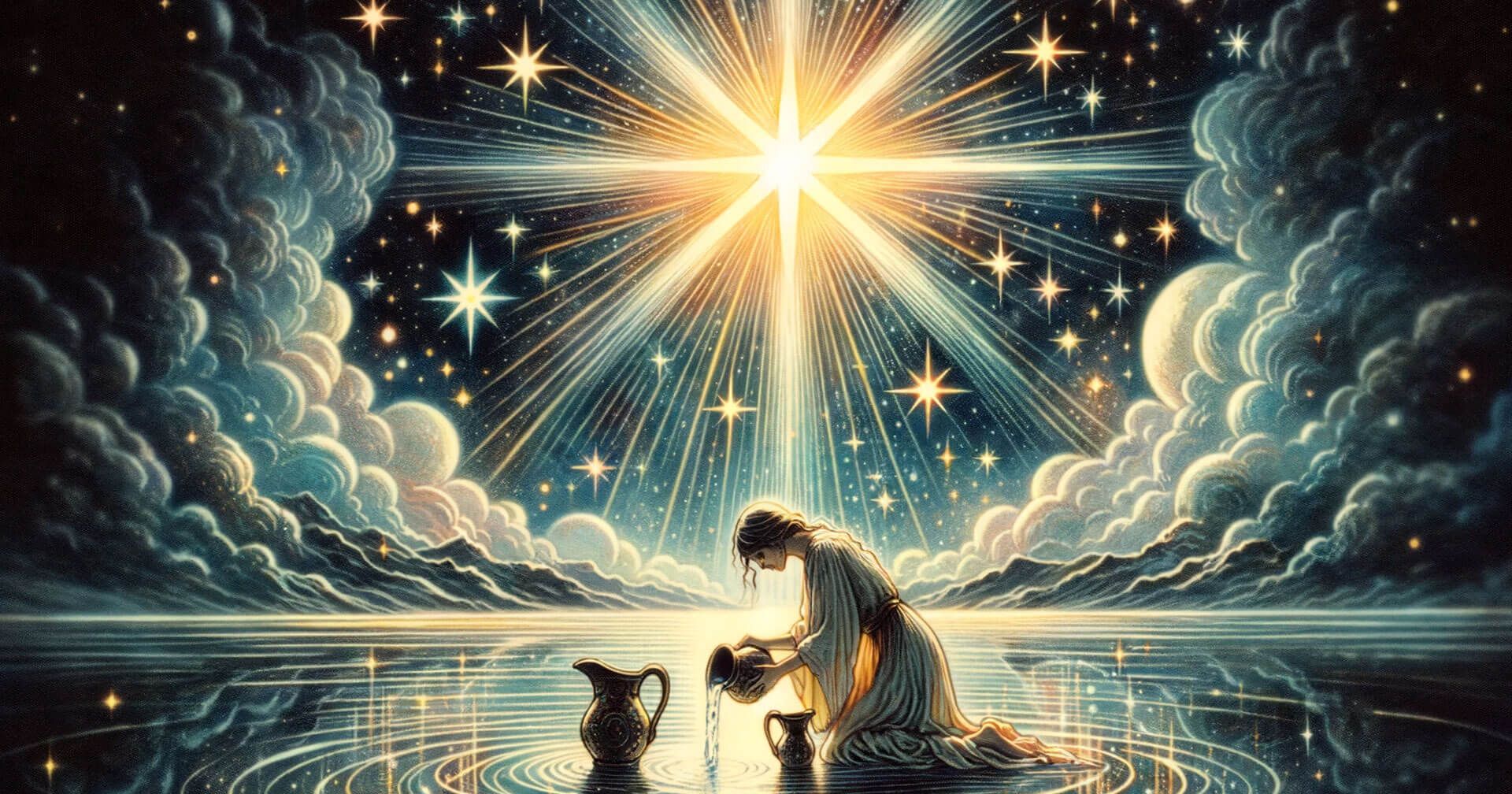Iluminando el Camino con La Estrella en el Tarot: Significados y Simbolismo 2 Carta La Estrella - Una mujer está arrodillada en el agua, contemplando el cielo lleno de estrellas.
