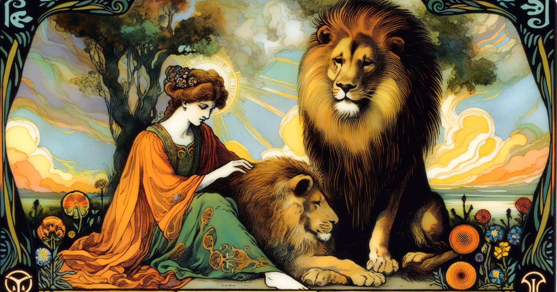 Dominando el Simbolismo de La Fuerza en el Tarot: Un Análisis Profundo 2 Una pintura que captura el vínculo majestuoso entre una mujer y dos leones, representando a carta La Fuerza.