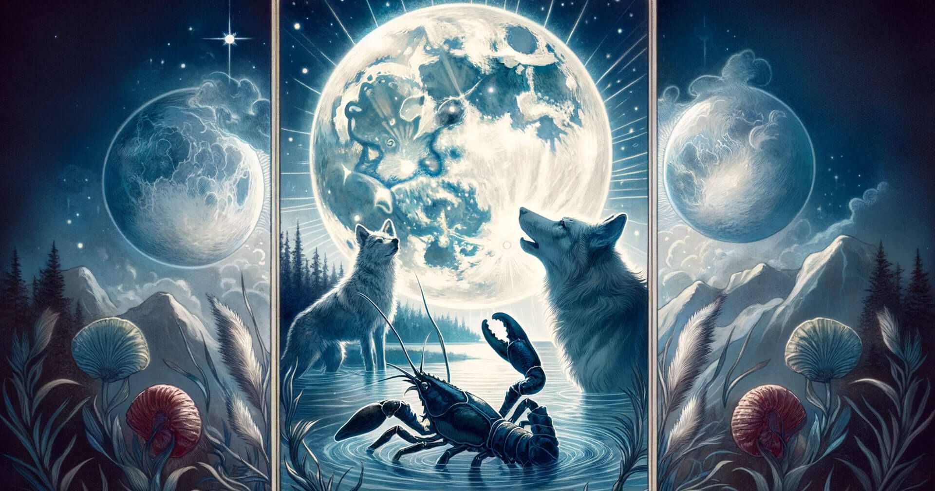 Descifrando La Luna en el Tarot: Un Viaje a través de sus Significados y Simbolismo 2 Carta de La Luna, pintura cautivadora de un lobo y un escorpión encontrándose bajo la encantadora luz de la luna.