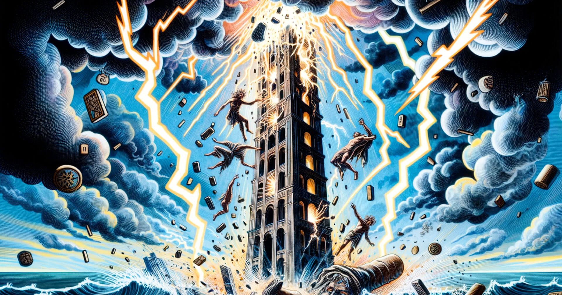 La Carta de La Torre en el Tarot: Interpretaciones y Simbolismo Revelado 2 Carta La Torre, una pintura fascinante que representa una estructura imponente en medio de un intenso despliegue de relámpagos.