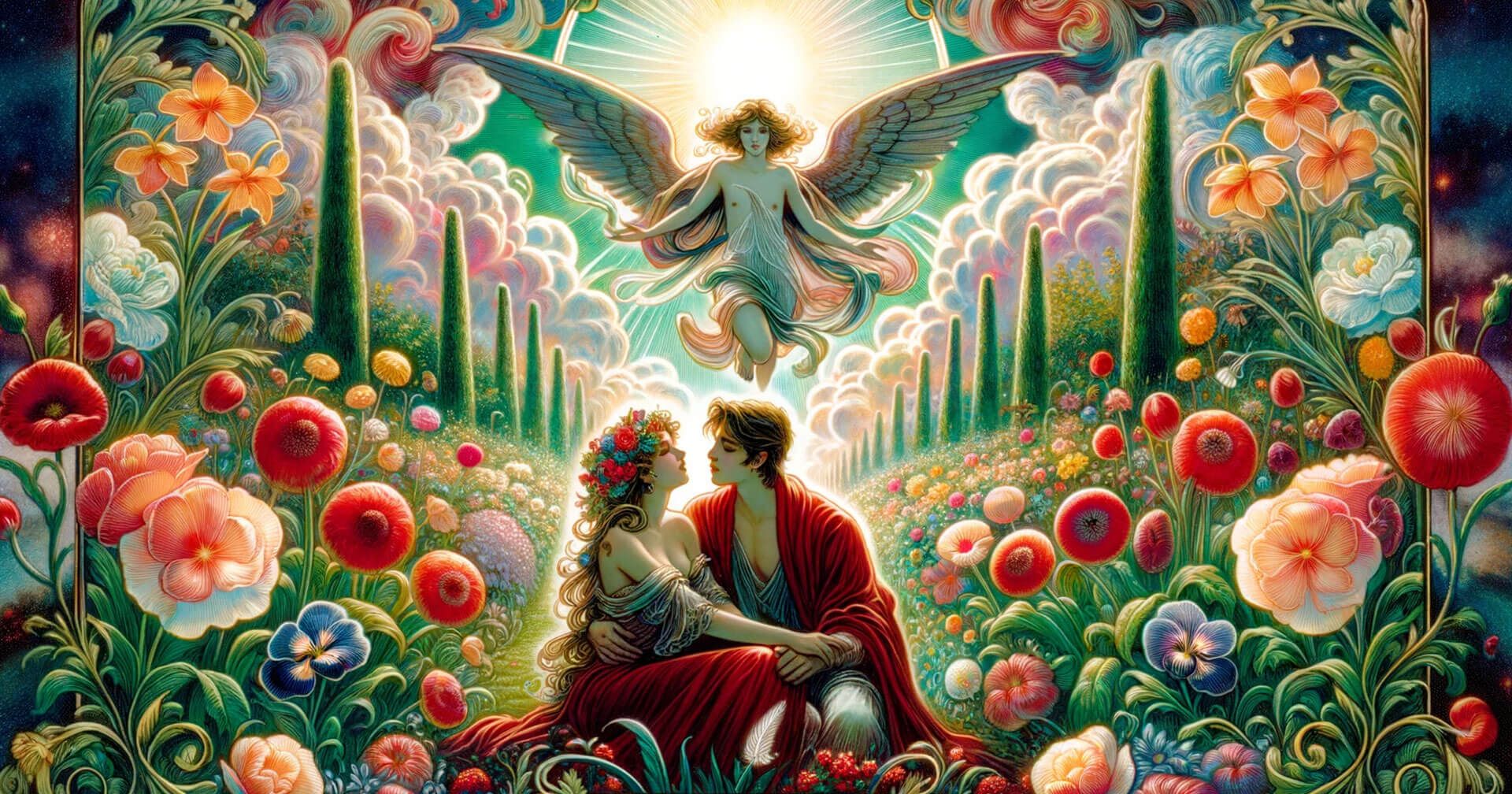 Los Enamorados en el Tarot: Descifrando sus Significados y Simbolismo 2 Una pintura de la carta Los Enamorados, donde están un ángel y una pareja en un campo de flores.