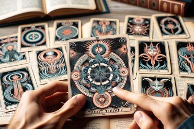 Explorando el Simbolismo en el Tarot Thoth: Significados Profundos 31 Una persona inmersa en el simbolismo del Tarot Thoth, sosteniendo una baraja de cartas del tarot.