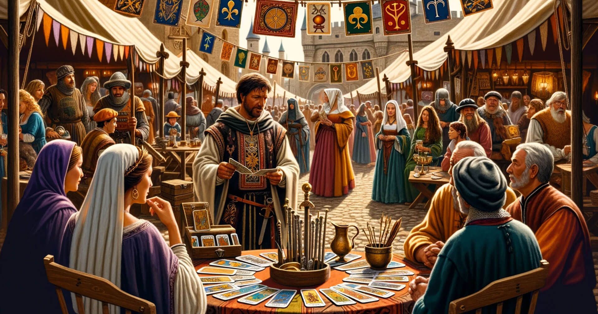 Descifrando el Simbolismo Medieval en las Cartas del Tarot 1 Una pintura medieval que captura la esencia de la gente en un mercado bullicioso.