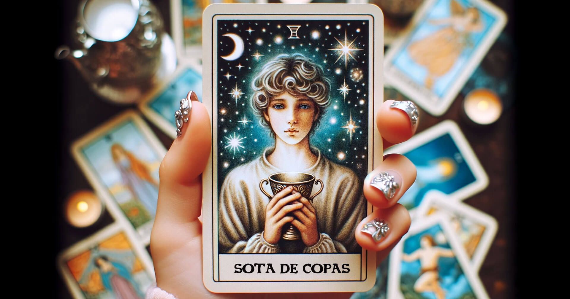 Descubre el Profundo Significado de la Sota de Copas en el Tarot 1 Una persona sosteniendo una carta del tarot Sota de Copas frente a velas.