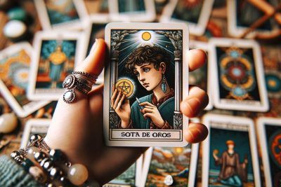 Descubriendo el Misterio de la Sota de Oros en el Tarot 22 Una persona sostiene en alto una carta del tarot con la Sota de Oros.