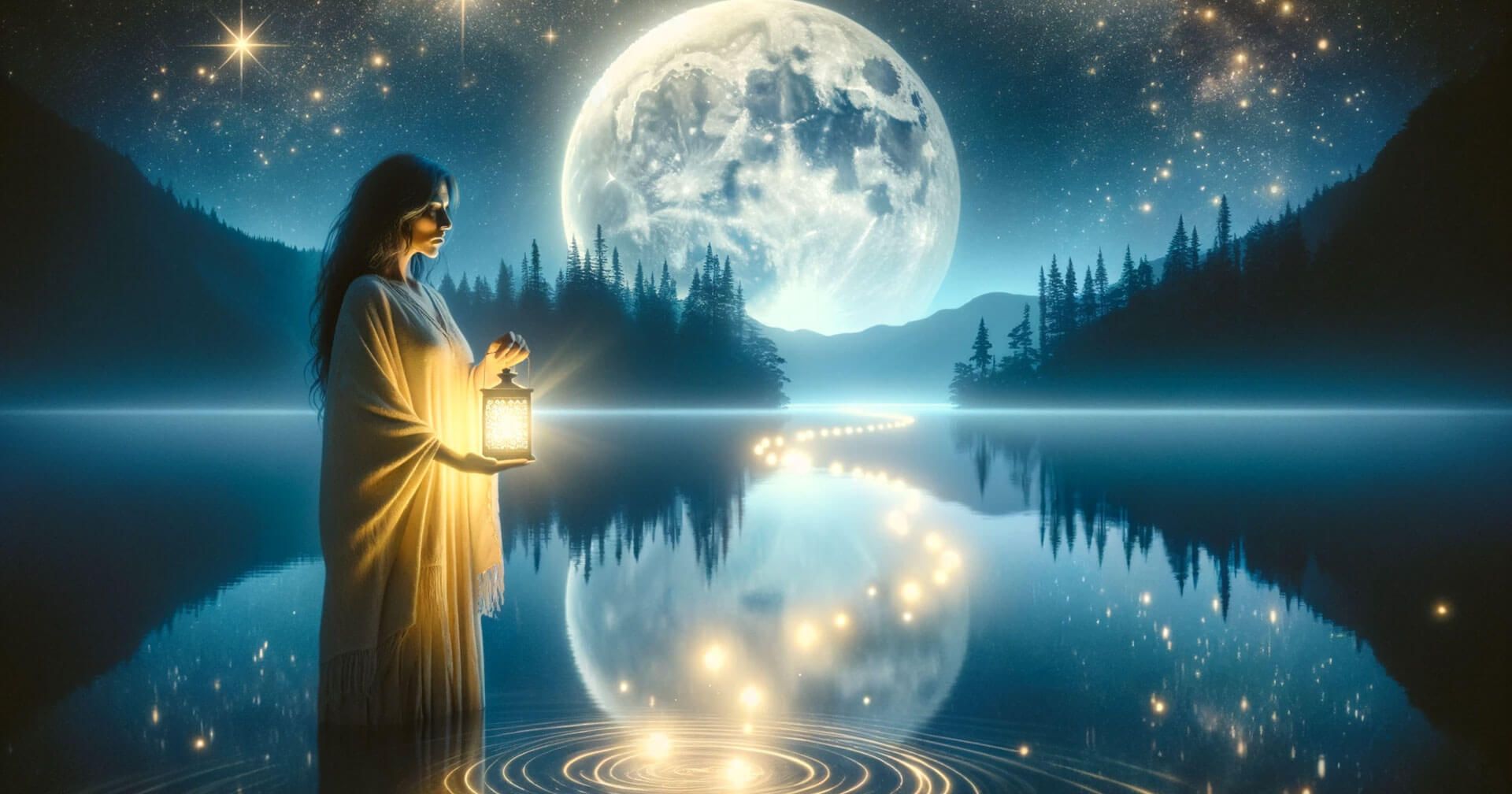 Descubre el Tarot Osho Zen: Significados y Guía Completa 1 Una mujer sosteniendo una linterna frente a un lago con luna llena, simbolizando el Tarot Osho Zen.