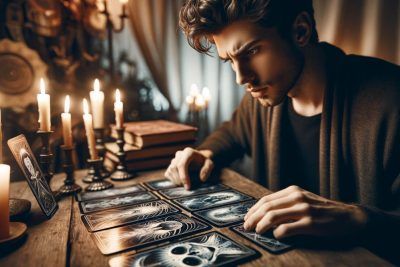 Tarot Thoth Avanzado: Secretos y Técnicas Profundas de Interpretación 32 Un hombre juega cartas avanzadas del Tarot frente a velas.