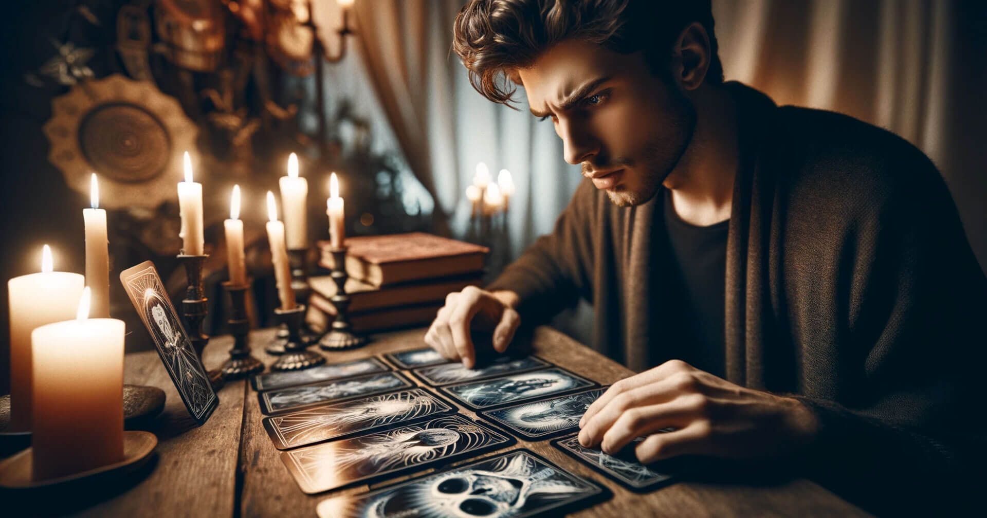 Tarot Thoth Avanzado: Secretos y Técnicas Profundas de Interpretación 23 Un hombre juega cartas avanzadas del Tarot frente a velas.