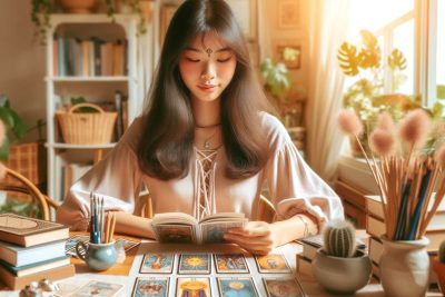 Tarot Thoth para Principiantes: Guía Completa 35 Una mujer principiante está leyendo las cartas del tarot de Thoth en una mesa.