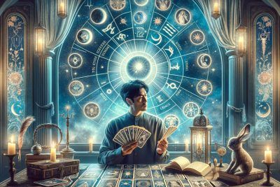 Tarot Thoth y Astrología: Descubre la Conexión y Significado 29 Un hombre está sentado en una mesa con cartas del Tarot frente a él.