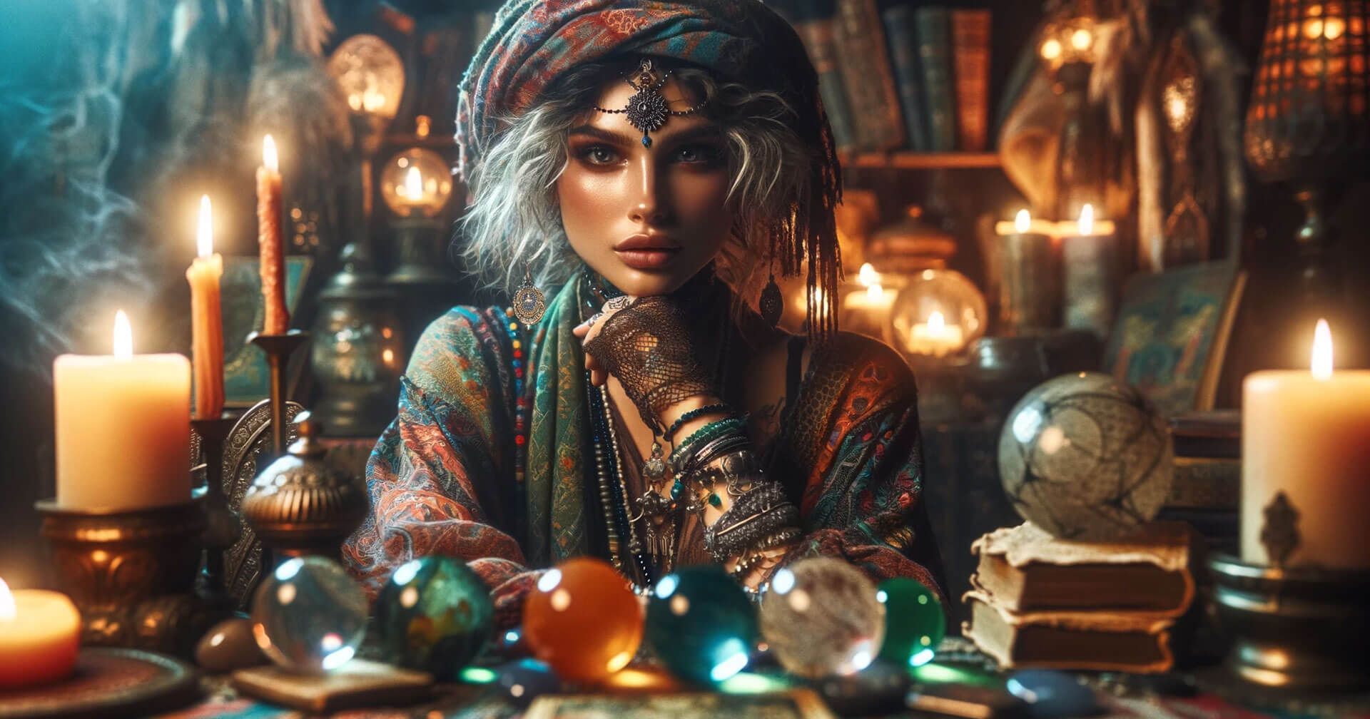 Tarot de la Bruja Moderna: Significado, Interpretación y Uso 1 Una mujer está sentada en una mesa con cartas del Tarot de la Bruja Moderna, velas y cristales.