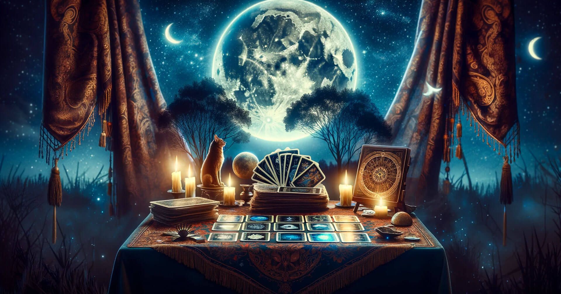 Tarot de la Luna: Significado, Interpretación y Uso 1 Una fascinante mesa del Tarot de la Luna adornada con velas parpadeantes, con el encantador telón de fondo de una noche iluminada por la luna.