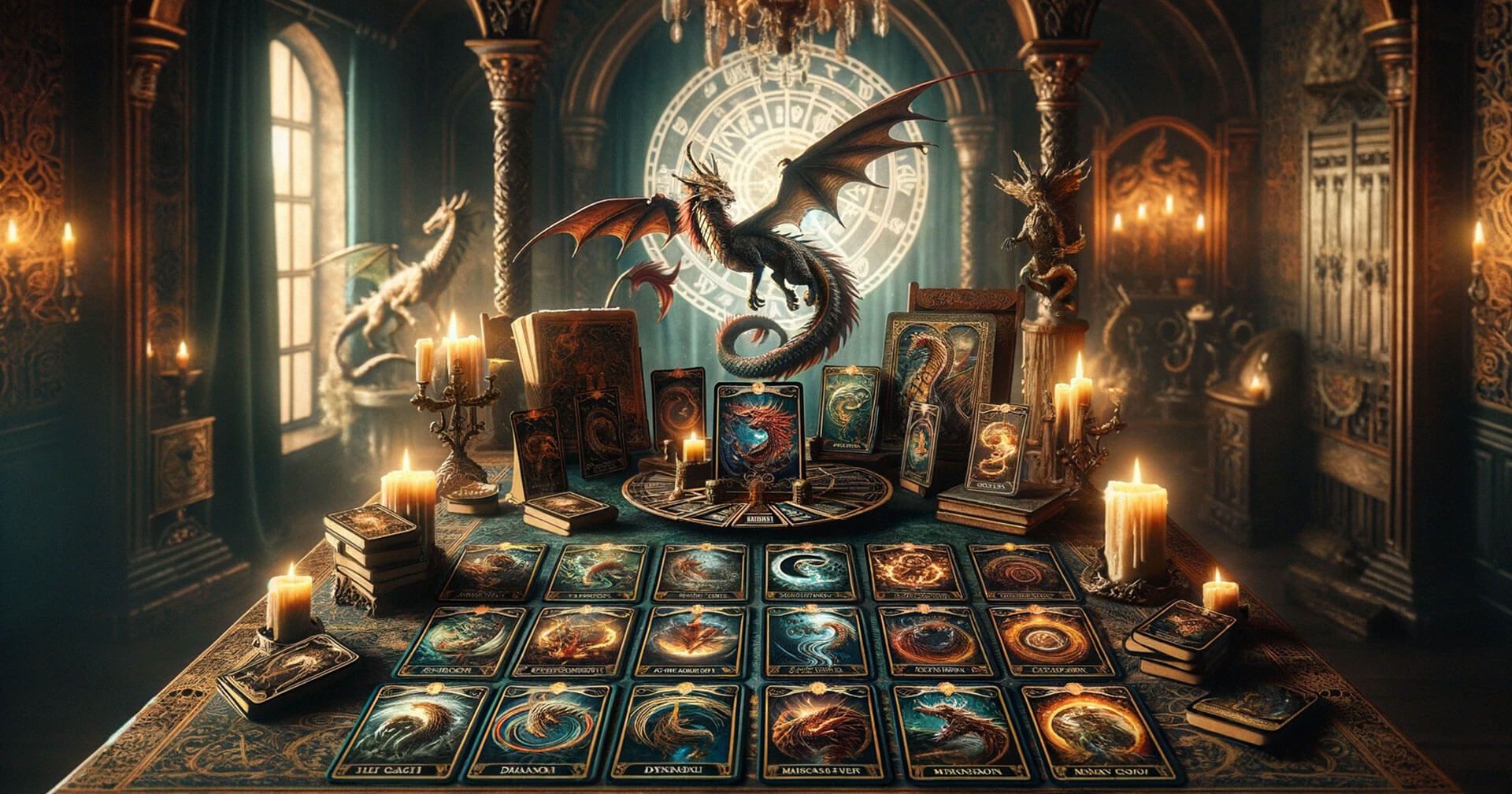 Tarot del Dragón: Significado, Interpretación y Uso 1 Cartas del Tarot del Dragón sobre una mesa en un cuarto oscuro.