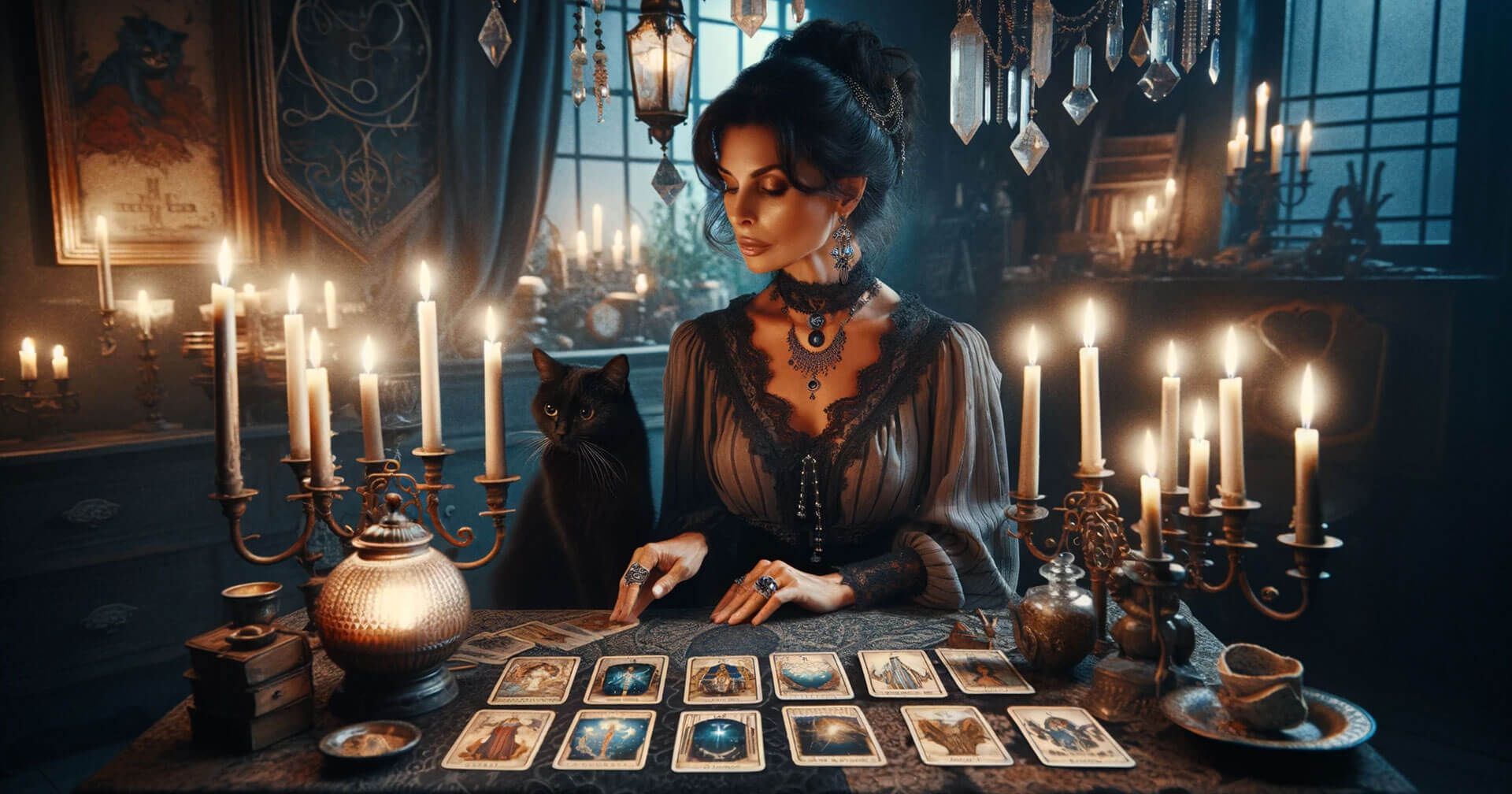 Tarot del Gato Negro: Significado, Interpretación y Uso 1 Una mujer sentada en una mesa con velas y cartas del Tarot del Gato Negro.