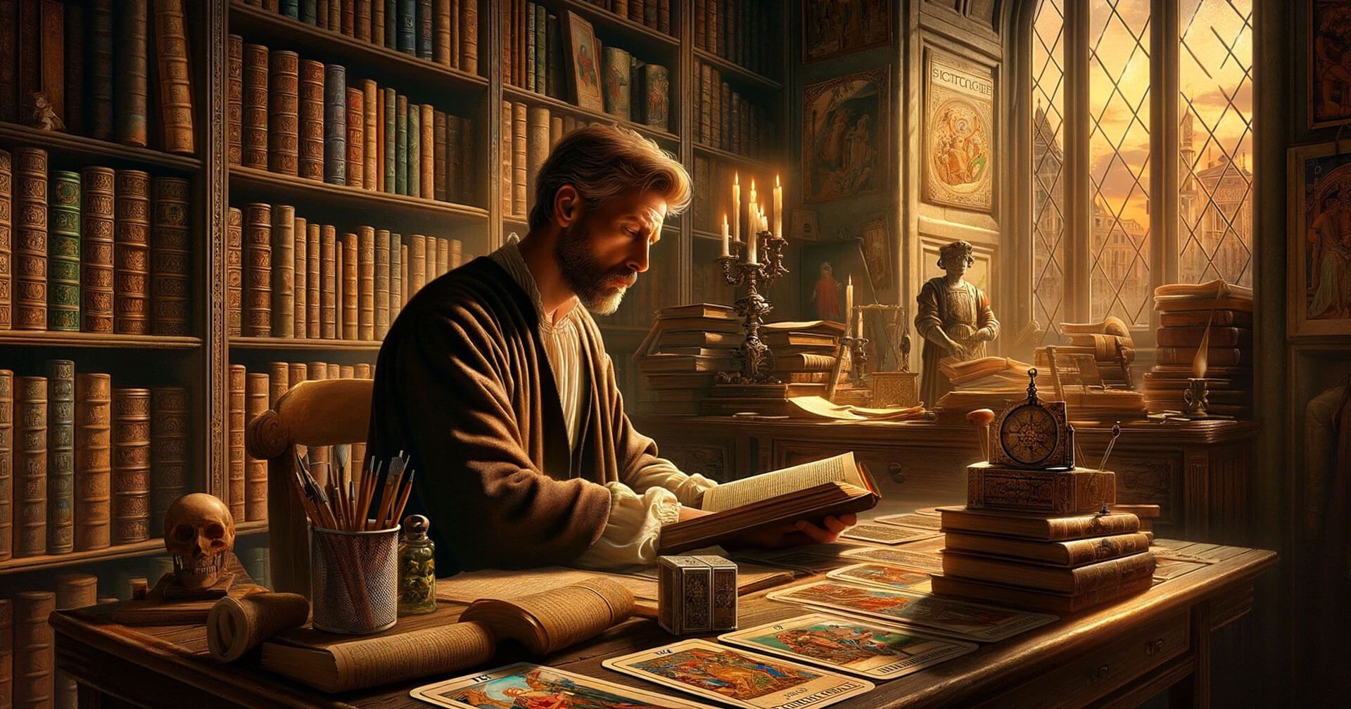 El Tarot en el Renacimiento: Un Viaje a su Significado en la Era Dorada 1 Un hombre está sentado en un escritorio leyendo un libro sobre el Tarot ambientado en el Renacimiento.
