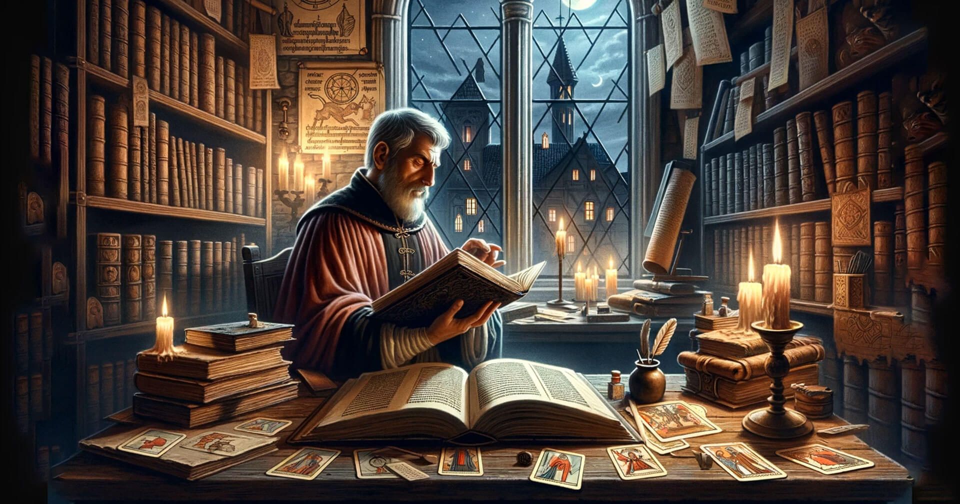 El Tarot en la Cultura Medieval: Significado y Misterios 1 Un hombre absorto en un libro medieval en una habitación con poca luz.