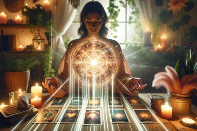 Tarot en la Sanación Energética: Significados y Aplicaciones 68 Una mujer realizando lecturas de cartas del tarot en una mesa con velas con el fin de curar la energía.