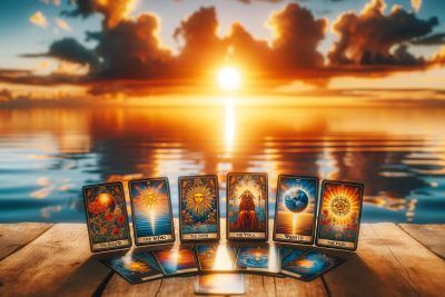 Tarot para el Crecimiento del Alma: Significados y Prácticas Espirituales 72 Cartas del Tarot sobre un muelle de madera al atardecer, que ofrecen información y orientación para el crecimiento del alma a través del Tarot para el crecimiento del alma.