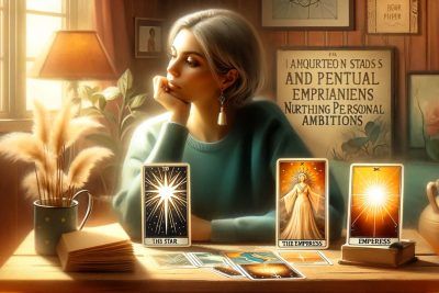 Crecimiento Personal con Tarot: Descubre Tu Camino Interior 54 Una mujer está sentada en una mesa con cartas de tarot frente a ella. El tarot es utilizado como una herramienta para el crecimiento personal.