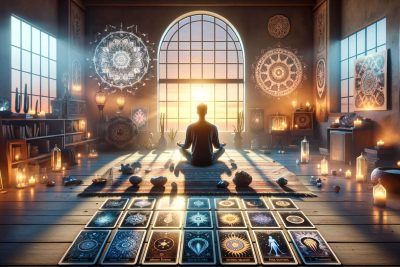 Tarot para el Despertar de la Conciencia: Guía Espiritual 70 Una sala llena de tarjetas del Tarot y velas.