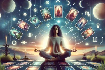 Entendiendo Tu Horóscopo con el Tarot: Significados y Conexiones 63 Una mujer sentada en meditación con las cartas del Tarot a su alrededor, explorando conexiones horóscopo.