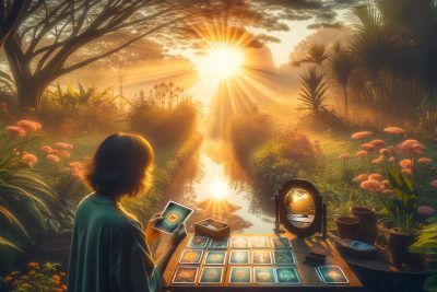 Tarot para la introspección y reflexión: Un viaje espiritual 65 Una mujer está sentada en una mesa en un jardín con cartas de tarot para la introspección y reflexión.