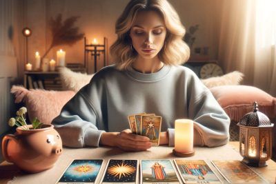 El Poder del Tarot para Superar Crisis: Consejos y Guía Práctica 50 Una mujer está sentada en una mesa con velas y cartas del tarot, usando el Tarot para superar las crisis.