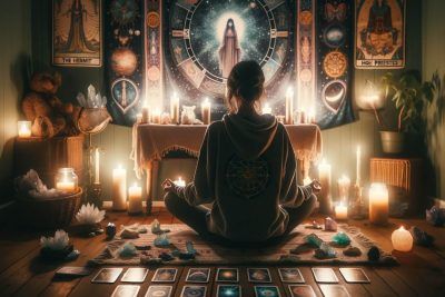 Tarot y Espiritualidad: El Puente Hacia lo Divino 66 Una mujer sentada frente a velas y cartas del tarot en una sesión espiritual.