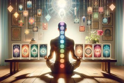 Tarot y Alineación de Chakras: Cómo Elevar tu Espiritualidad 67 Una persona sentada frente a una habitación llena de cartas de chakras.