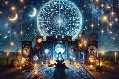 La Sincronía entre el Tarot y la Astrología: Guía Completa 52 Cartas del Tarot con un hombre sentado frente a ellas, mostrando la conexión entre el Tarot y la astrología.