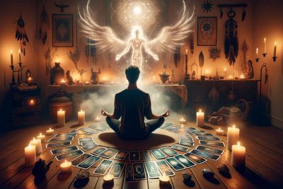 Cómo Conectar con Tus Guías Espirituales a través del Tarot 71 Una persona sentada en una habitación con velas y una conexión con guías espirituales.