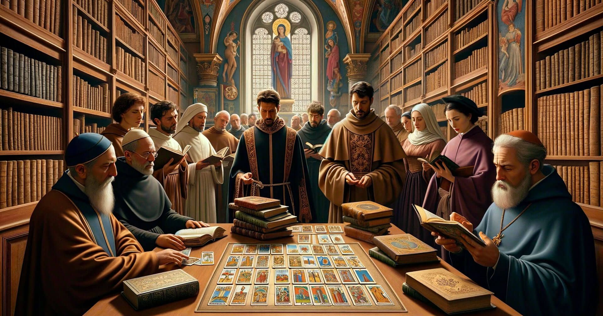 La Historia Oculta: Tarot y su Relación con la Iglesia Católica 1 Un grupo de personas sentadas alrededor de una mesa en una biblioteca discutiendo sobre las cartas del Tarot.