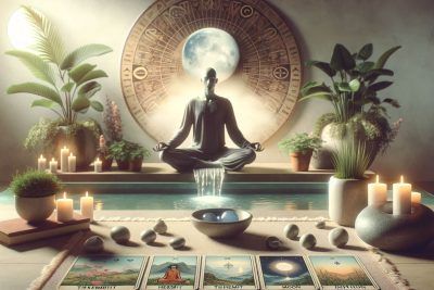Cómo Potenciar Tu Desarrollo Espiritual: Tarot y Meditación 56 Una habitación con velas y cartas de tarot, ideal para la meditación con enfoque en el tarot.