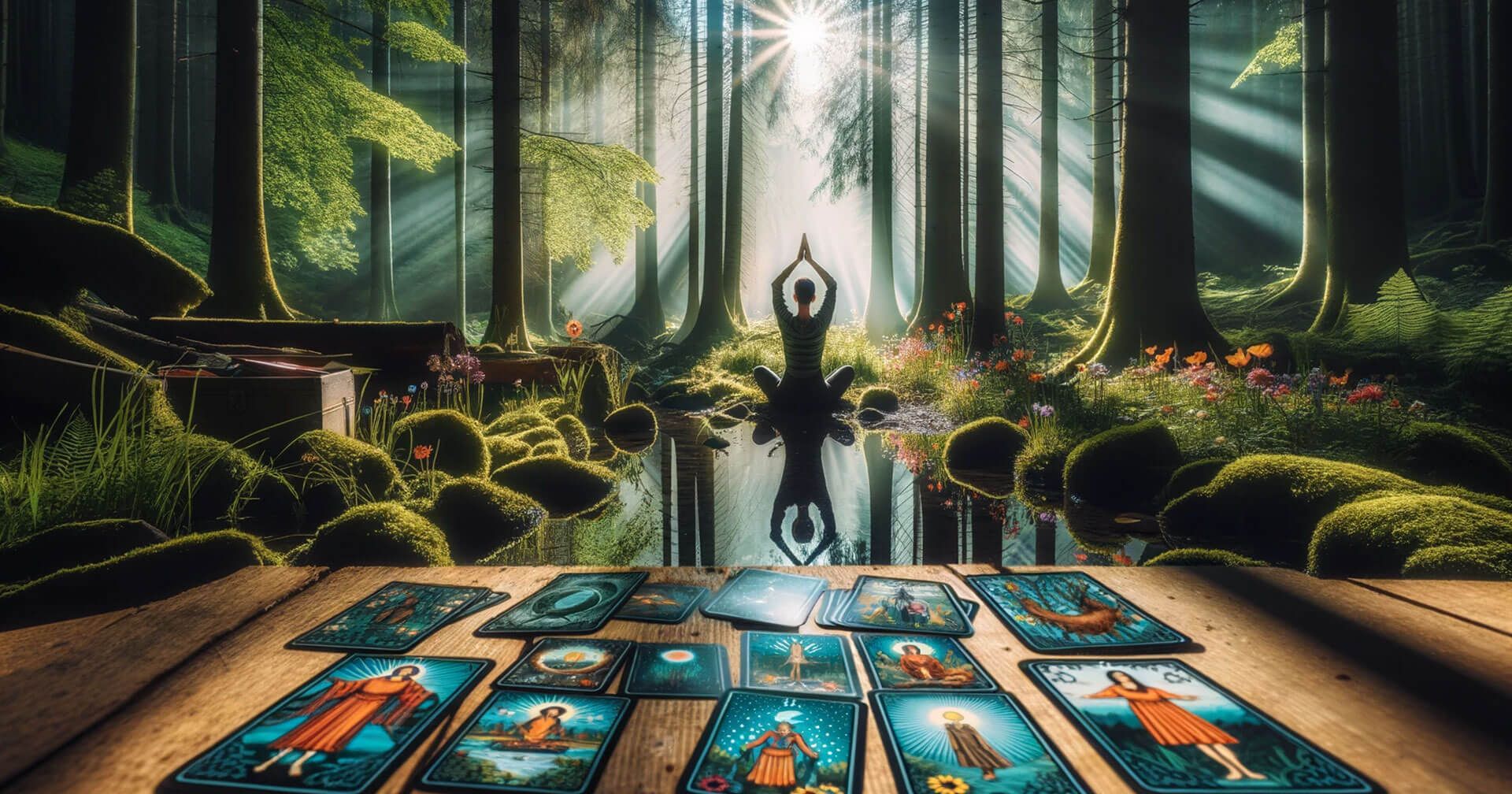 Meditación con Tarot: Guía para el Crecimiento Espiritual 1 Cartas del tarot cuidadosamente dispuestas sobre una mesa de madera en medio de un sereno bosque, creando un ambiente perfecto para lecturas de tarot y prácticas meditativas tranquilas.