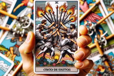 Una persona sosteniendo una carta del tarot Seis de Bastos.