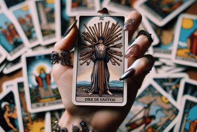Una mano sosteniendo una carta del tarot de Diez de Bastos de una baraja.