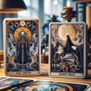 Cartas del Tarot en una mesa junto a libros que muestran las diferencias entre las barajas Tarot Thoth y Rider-Waite.