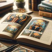 Un libro abierto adornado con cartas del tarot que muestran la rica historia del Tarot Thoth.