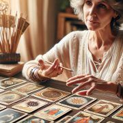 Una mujer está dando una explicada de la Lectura Tarot Thoth a una mujer mayor.