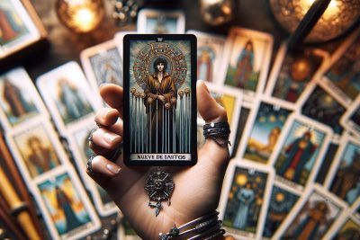 Una mano sosteniendo una la carta del tarot Nueve de Bastos.