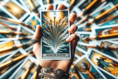 Una mano sosteniendo la carta del tarot Ocho de Bastos frente a un grupo de cartas del tarot.