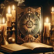 Una carta del Palo de Oros en el Tarot con velas y un libro abierto.