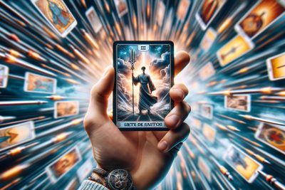 Una mano sosteniendo la carta del tarot siete de Bastos.