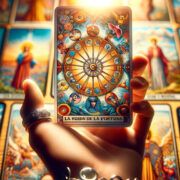 Una mano sosteniendo una baraja de cartas del tarot La Rueda de la Fortuna.
